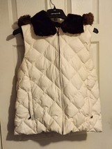 Lauren Ralph Lauren Quilted Puffer Vest Size L Ivory Faux Fur trim Hood Zip - £39.55 GBP