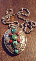 Tibetan Silver Repousse Buddhist Pendant with Turquoise and Coral - £633.00 GBP