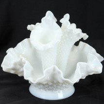 Fenton Horn Epergne French White Hobnail Milk Glass 6.5&quot; Tall x 8.5&quot; Wide - £58.39 GBP