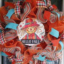 Hello Fall Scarecrow Wreath  Orange &amp; Teal Mesh Door Decor  Farmhouse Au... - $59.99