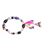 Vintage Blue Glass Plastic Bead Bracelet Fun Wood Fish Charm Beach Y2K - $12.86