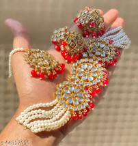 Kundan Jadau Earrings Tikka Jewelry Set Necklace Jadau Limited Quantity RED - £26.66 GBP