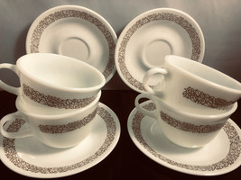 Pyrex Coffee Cups Corelle Matching Saucers 8 Pc Woodland Brown Edging - £24.05 GBP