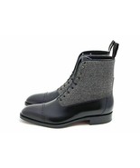 MEN HANDMADE TWO TONE CAP TOE BOOTS MEN BLACK AND GRAY ANKLE LACE UP BOOTS - $179.99