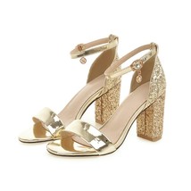 2021 PU leather ankle strap sandals women larger size 43-48 open toe glitter sil - £54.52 GBP