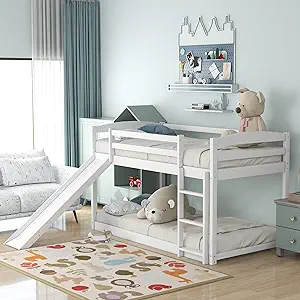 Twin-Over-Twin Low Bunk Bed With Slide Ladder &amp; Guardrail For Kids, Teen... - $581.99