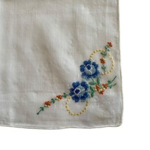 Handkerchief White Hankie Blue Floral Flowers Cross Stitch 10.25x11.25” - $7.20