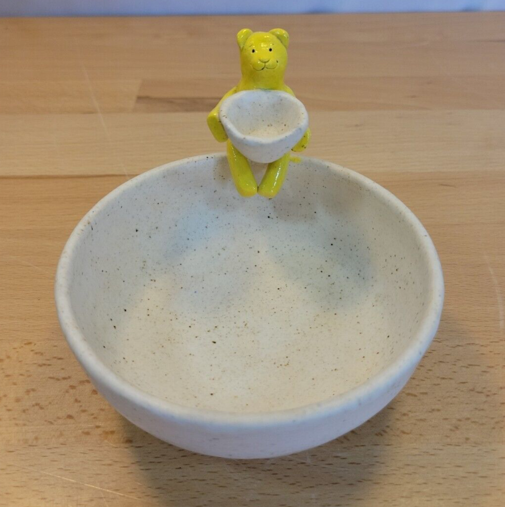 Primary image for Pottery Trinket Bowl Dish With Yellow Bear Figure Holding a Bowl Clay Handmade