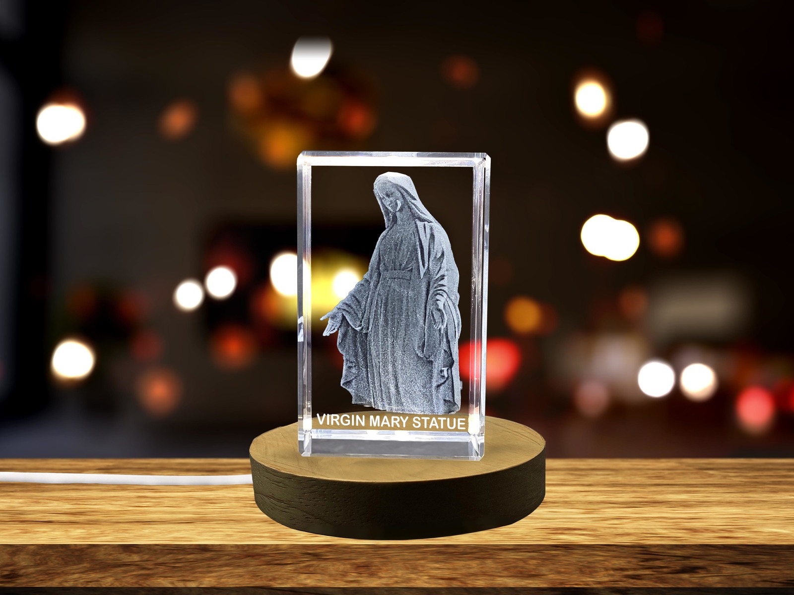 LED Base included | Sacred 3D Engraved Crystal | Virgin Mary Statue | Reverent