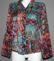 Chico&#39;s Semi-Sheer Silk Blend Stained Glass Textured Button Blouse Wm&#39;s ... - £18.37 GBP
