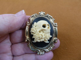 CM188-1 Skull Rose Day of the Dead sugar white + black CAMEO Pin Pendant brooch - £20.10 GBP