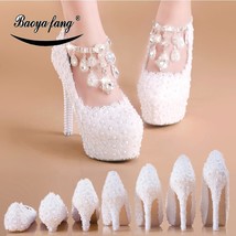 BaoYaFang New Arrival White Lace wedding shoes with strap High heels platform sh - £64.79 GBP