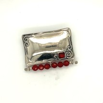 Vintage Signed Sterling Silver TL Handmade Modern Repousse Red Gemstones Brooch - £51.71 GBP