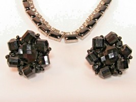 Emerald Cut Black Rhinestone &amp; Faux Diamond 14&quot; Necklace Cluster Earrings Set - £15.94 GBP