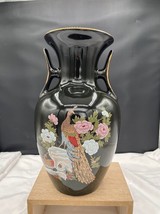 Japanese Kutani Black Floral Vase with Handles Gilt Accents Pink Flowers Peacock - £19.33 GBP