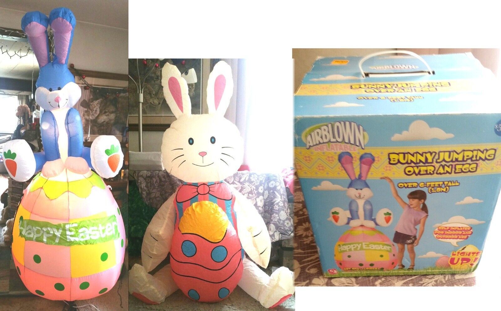 Primary image for GEMMY Bunny Jumping Over Egg Easter AIRBLOWN-INFLATABLE Light Up 6'& Sitting TWO
