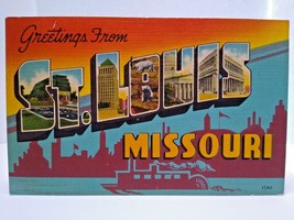 Greetings From St Louis Missouri Large Big Letter Postcard Linen 1951 Riverboat - £9.49 GBP