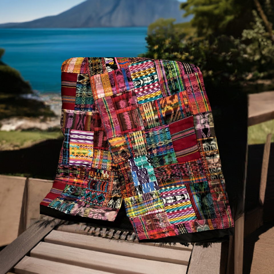 Guatemalan Rose/Mixed Pastel Embroidered Patchwork Throw Blanket - $183.37