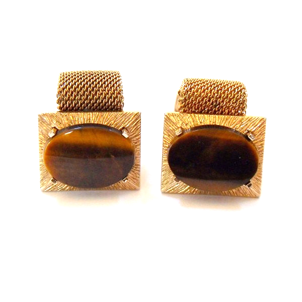 Vintage Anson Gold Tone Mesh Wrap Cuff Links With Oval Tiger Eye Gemstones  - $21.99