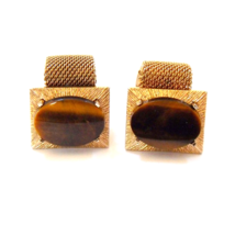 Vintage Anson Gold Tone Mesh Wrap Cuff Links With Oval Tiger Eye Gemstones  - £17.57 GBP