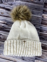Women Lauren Conrad White Gold Thread Beanie Winter Hat Faux Fur Pom Pom  - $9.74
