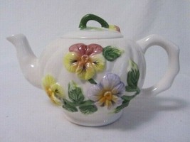 Vintage White Teapot With Sculptured Raised Flowers With Hook Lid - $12.19