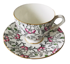 English Castle Bone China Coffee Teacup  Saucer Pink Green Grey Flowers ... - $24.18