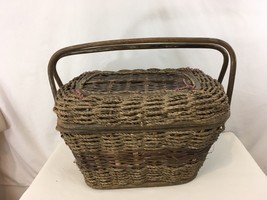 Vtg Scottish Highlander Red Tartan Rope Wicker Rattan Bamboo Lined Picnic Basket - £88.53 GBP