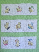 Vintage Kitty Cats Umbrellas Crib Quilt Embroidery Applique Hand Quilted Gingham - £156.60 GBP