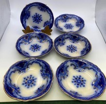 Alfred Meakin CAMBRIDGE Flow Blue Set of 6 Fruit Bowls Gold Accent - £175.21 GBP