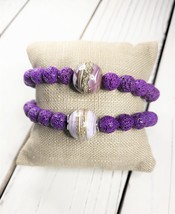 Purple Lava Rock and Spectacular Lampwork Bead Stretch Bracelets Handcrafted - $25.00