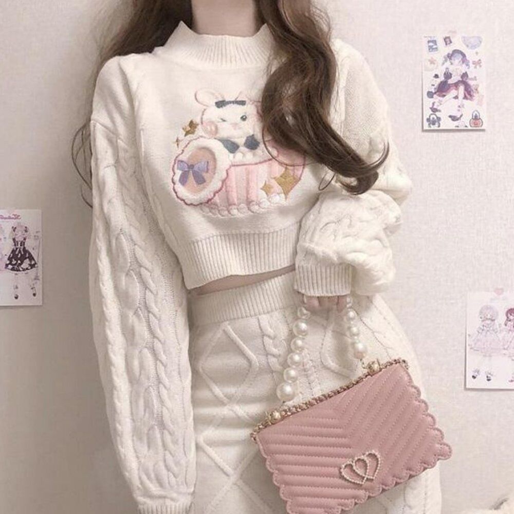 Bunny Heart Knit Crop Top Skirt Set | Women Sweater Dress Mini Set Kawai... - $59.00