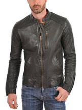 New Men&#39;s Genuine Lambskin Leather Jacket Black Slim Fit Motorcycle Jacket MJ025 - £93.58 GBP