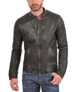 New Men&#39;s Genuine Lambskin Leather Jacket Black Slim Fit Motorcycle Jack... - £92.01 GBP