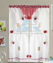 Fruits White And Burgundy Embroidered Decorative Kitchen Curtain 3 Pcs Set - £15.71 GBP