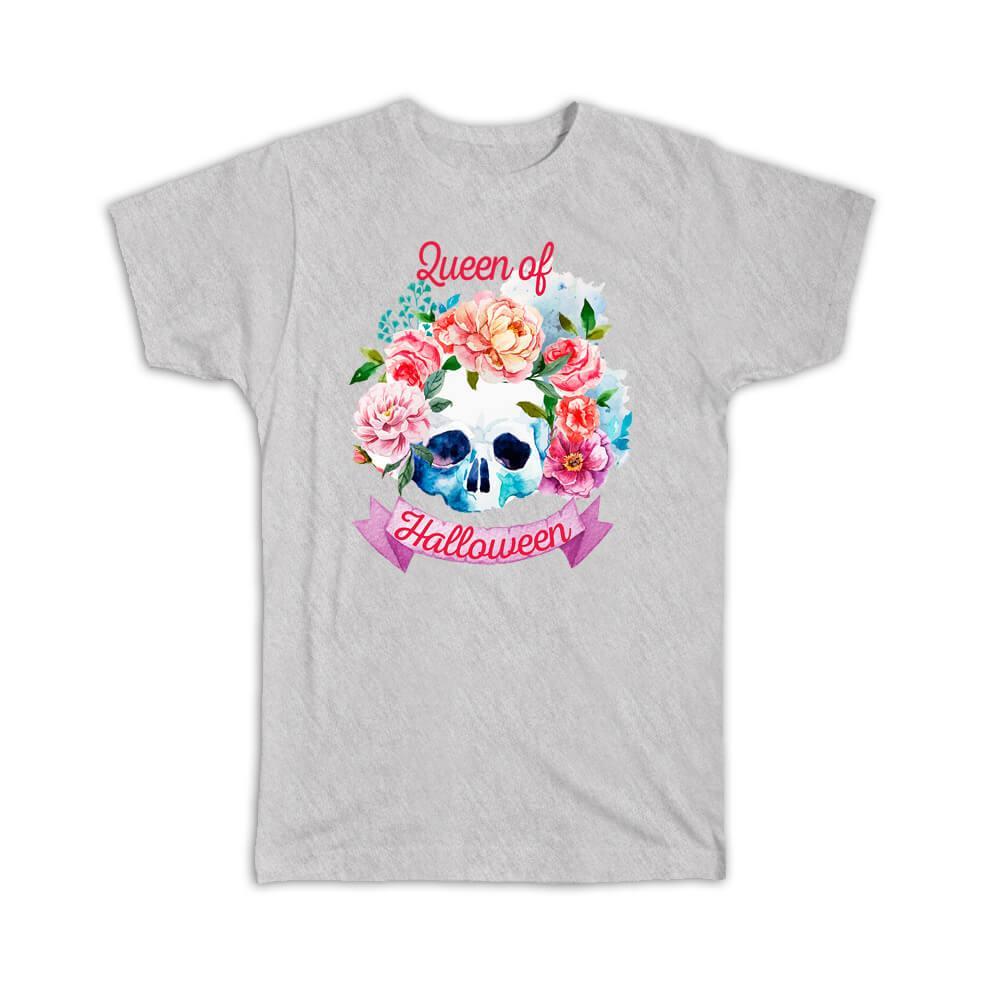 Queen of Halloween : Gift T-Shirt Flower Skull Fall Autumn For Her Feminine - £14.37 GBP
