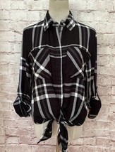 Sim &amp; Sam Shirt Black Plaid Button Up Tie Front Roll Tab Long Sleeve Siz... - £22.72 GBP