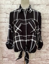 Sim &amp; Sam Shirt Black Plaid Button Up Tie Front Roll Tab Long Sleeve Size M NEW - £17.93 GBP