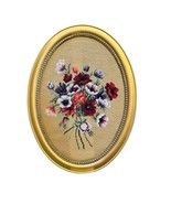 Vtg 70s 80s Floral Needlepoint Wall Art Gold Beaded Oval Frame 22.5&quot; X 1... - $173.78 CAD
