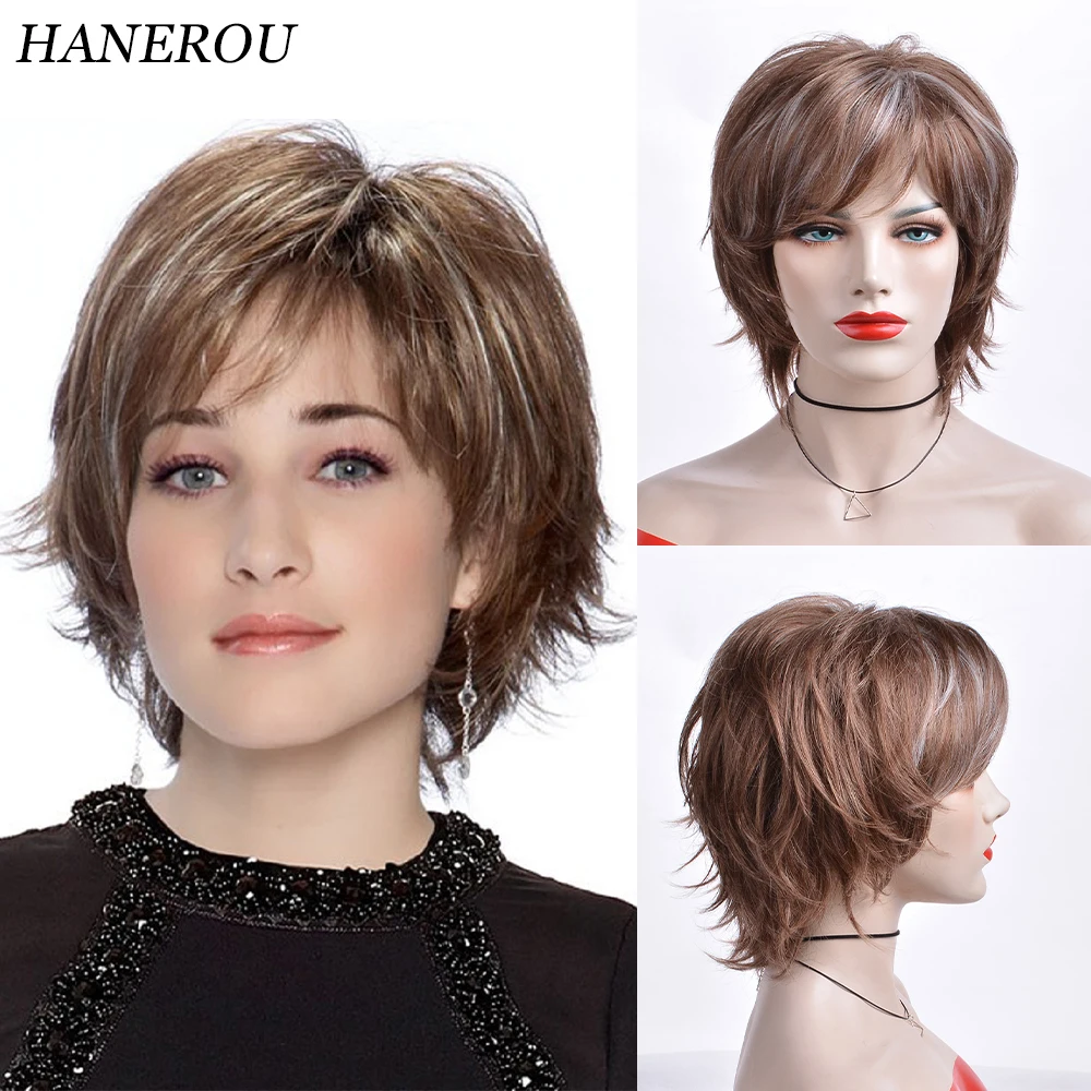 HANEROU Pixie Cut Short Women Synthetic Wig Straight Wavy Ombre Brown Gr - £14.00 GBP