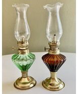 2 Vintage Small Glass Kerosene Oil Lamps Green &amp; Brown with Chimneys &amp; W... - £23.46 GBP