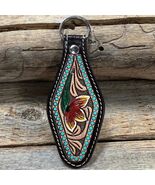 Floral Tooled Leather Hand Painted Key Chain Bag Charm - $326.89 MXN