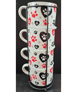 5 Pc Temp-Tations Pawfetti Mugs Metal Stand Set Red Black Paw Prints Pet... - £70.07 GBP