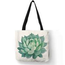 Watercolor Tropical succulent Plants Print Linen Bag Floral Tote Bags For Women  - £11.55 GBP