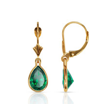 2.00CT 14K Yellow Gold Bezel Set Pear Shaped Emerald Leverback Dangle Earrings - £71.79 GBP