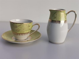 Vintage MZ Czechoslovakia Green White &amp; Gold Coffee Tea Cup Saucer Creamer Set - £29.50 GBP