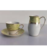 Vintage MZ Czechoslovakia Green White &amp; Gold Coffee Tea Cup Saucer Cream... - £29.12 GBP