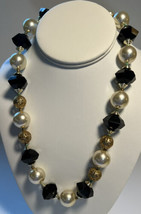 Jewelry Necklace Black White Gold Tone Beads Chunky Intricate Designed Beads 20&quot; - £8.85 GBP