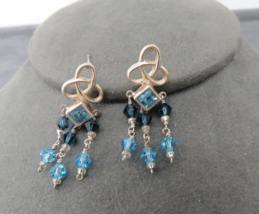 Sterling Silver Drop Dangle Earrings Blue Crystals Princess Cut 1.25&quot; Long 4.5g - £15.73 GBP