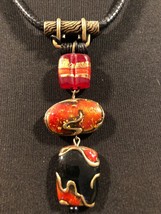 Chico’s Black Red Orange Gold  Enamel Oriental Tribal Black Cord Necklace Choker - £15.71 GBP
